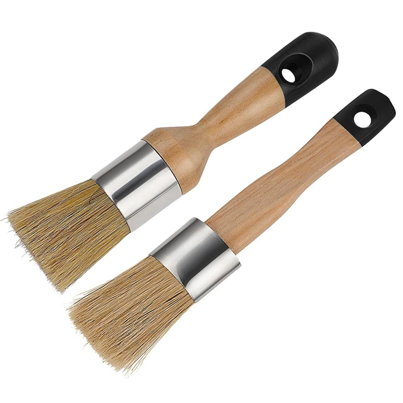 2 Piece Chalk Paint Brush, Chalk And Wax Paint Brush As Shown Wooden For Furniture Reusable Flat And Round