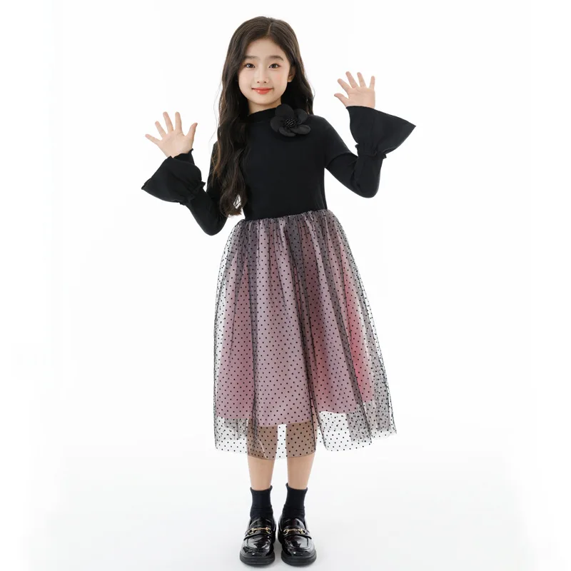 2026 retro French Autumn Teens Girls long flare sleeve tutu Pleated splicing princess Polka Dot dress Children 4 8 10 12 14 year