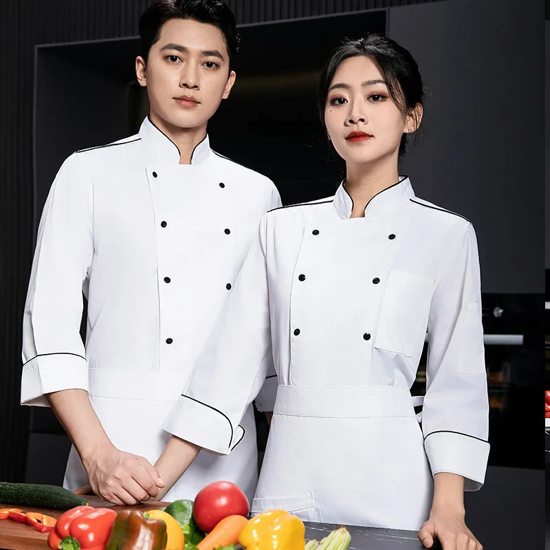 

Униформа шеф-повара с длинными рукавами 2024: Новая модель рабочей одежды больших размеров для мужчин на кухне пятизвездочного отеля или ресторана.