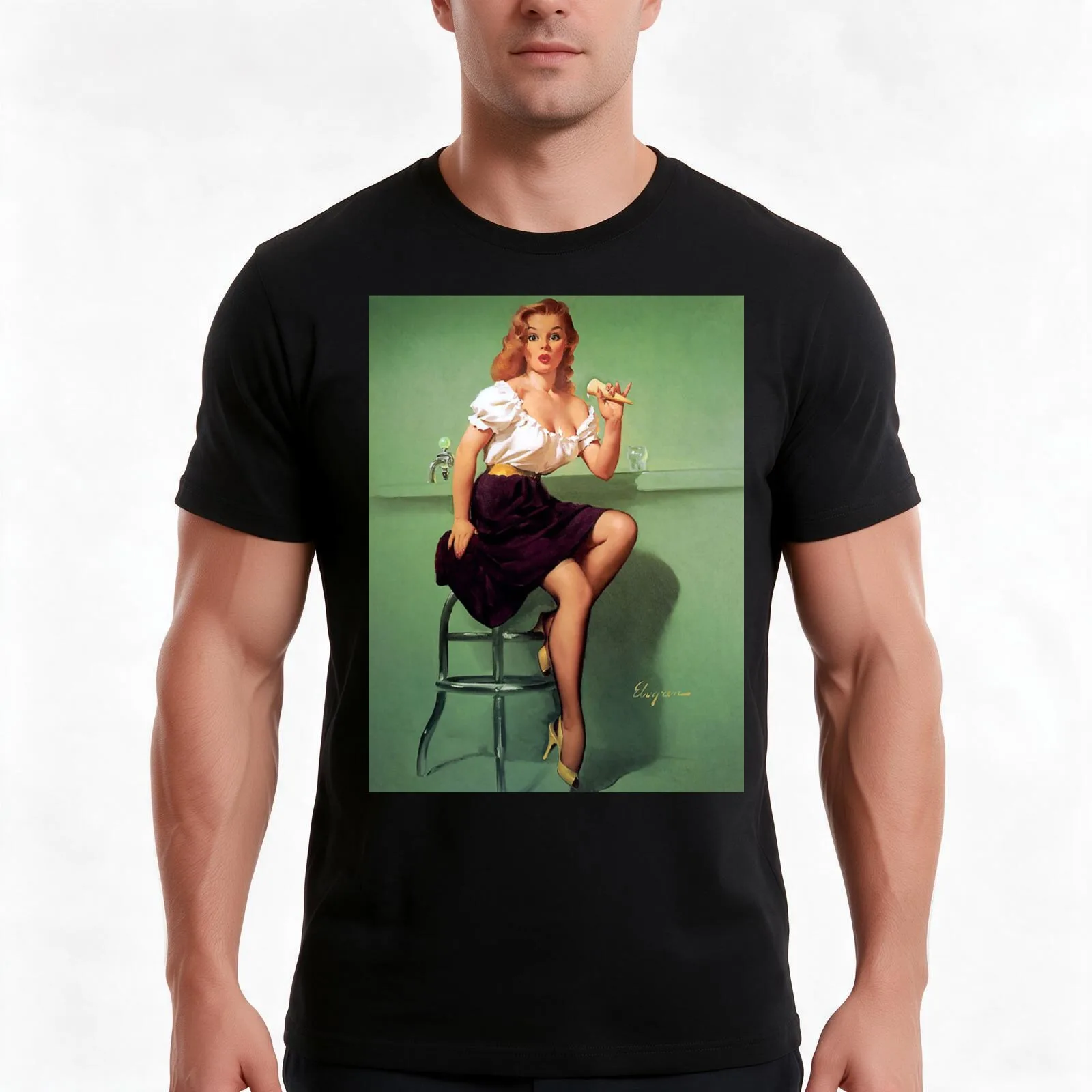 Pin-Up Girl - Elvgren - Vintage T-Shirt, Summer Casual Cotton Tee, Oversized Streetwear Tops, Vintage Graphic Print, 100% Cotton