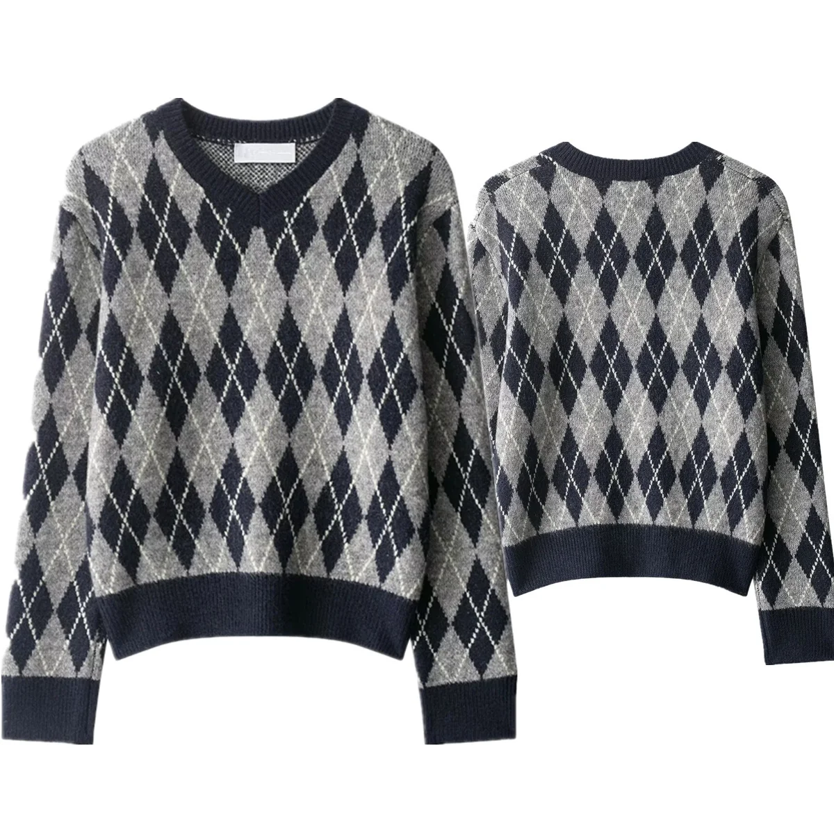 Dave&Di Maglione da donna Maglieria Abbigliamento donna Nordic Vintage Diamond Jacquard Maglione pullover con scollo a V per top da donna