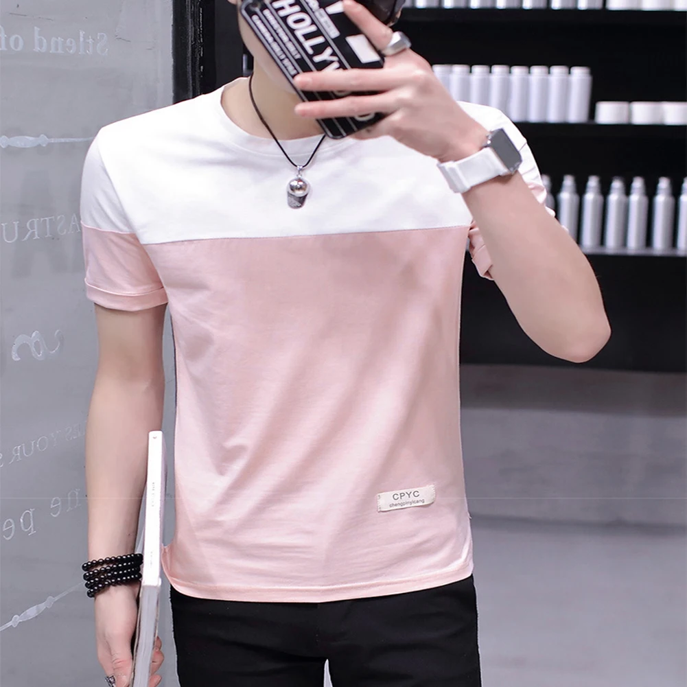 Heren T-Shirt Zomer Tops Korte Mouw Gecombineerde Kleur Ronde Hals Slanke Casual Basis Shirt Uitverkoop Groothandel Drop Shipping