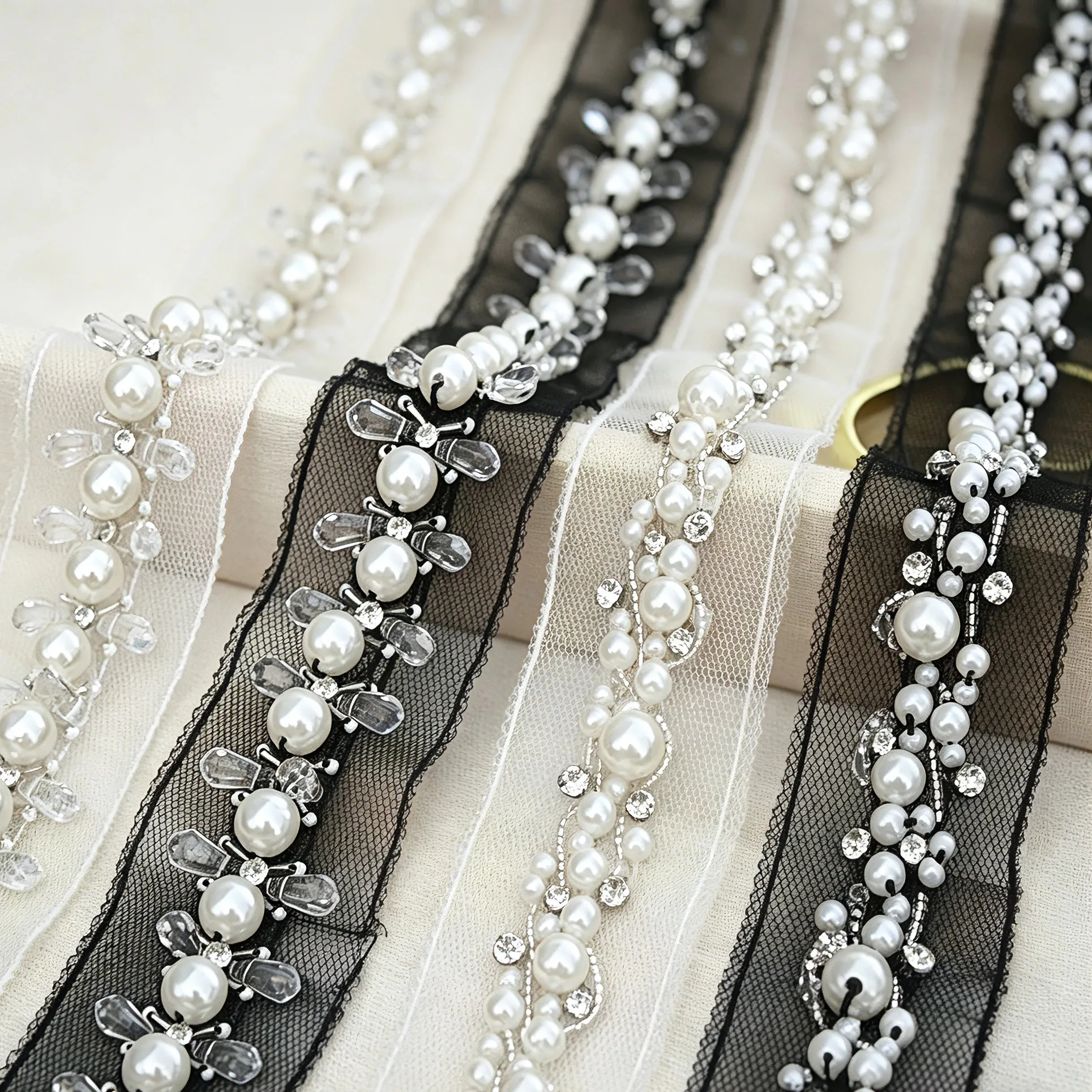 3yard Pearl Water Diamond Rice Bead lace trim Handmade DIY clothing collar,edging,decorative accessories sewing fabric lace
