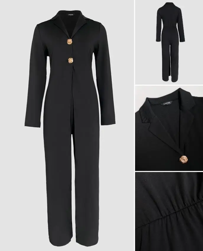Women's Casual Lapel Jumpsuit Long - Sleeve Design Decorative Button and Cinched Waist Wide Leg Faux Two-Piece Jumpsuit