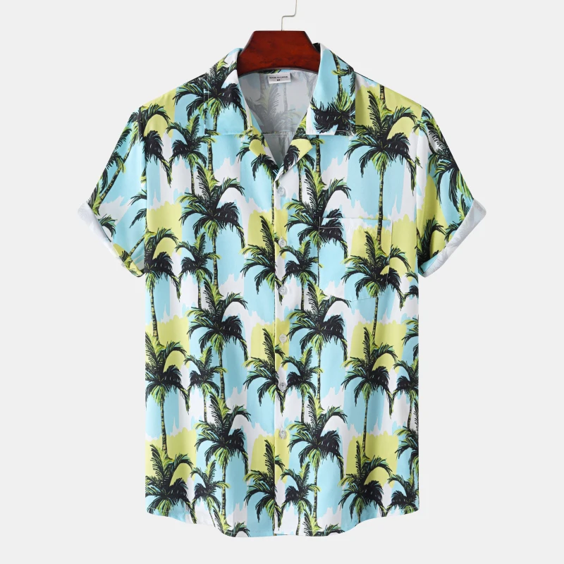 Kaus Pria Hawaii Kaus Atasan Kancing Kerah Mode Baju Pria Lengan Pendek Gambar Cetak Pohon Kelapa Pantai Kaus Baru 2023 untuk Pria