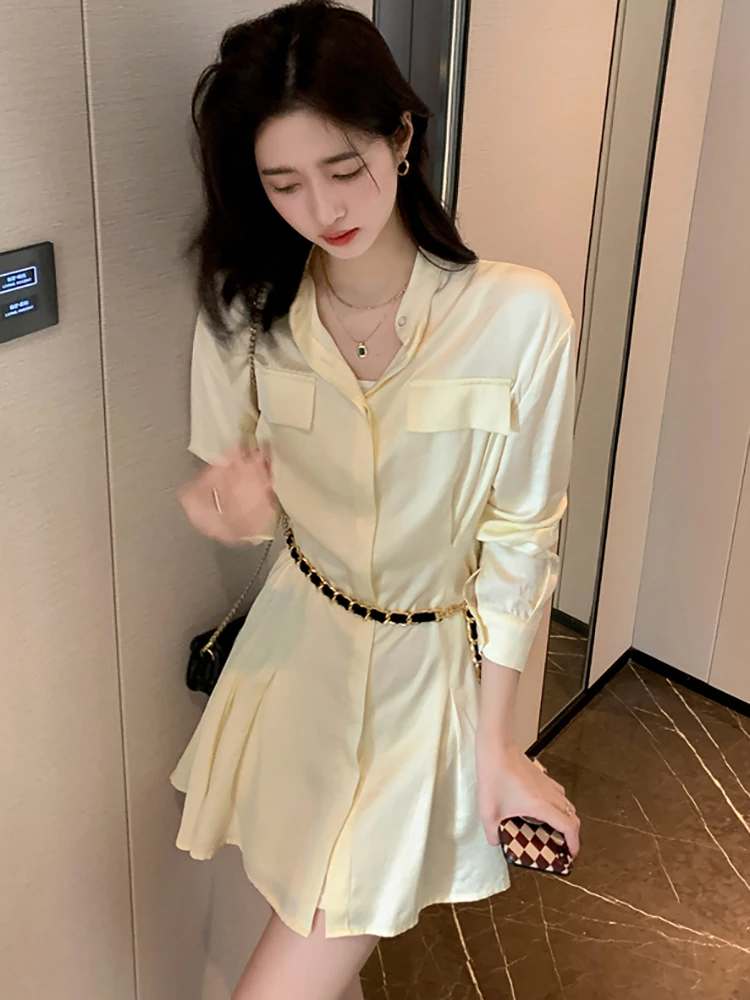 2024 New White Casual Sexy Club Mini Dress Women Solid Elegant Chic Shirt Dress Spring Autumn Korean Fashion Bodycon Party Dress