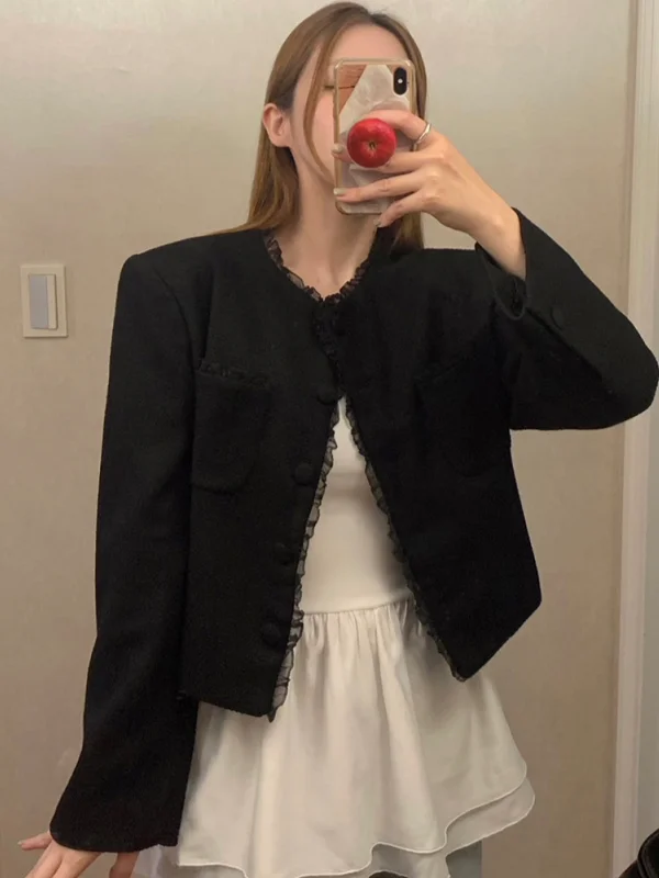 

Retro Chic ort Suit Jaet for Women Sweet Cool Design Wave Me Splicing Korean Sle Long Sve Office Wear