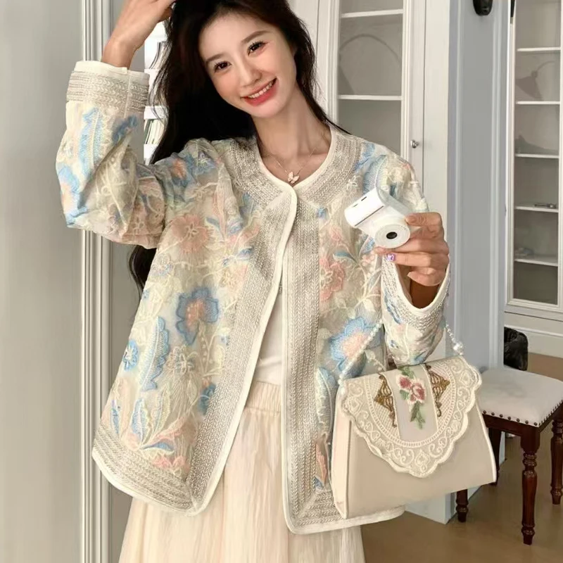 High Quality Spring New O-Neck Silk Organza Fabric Embroidery+Beading Fashionable Chinese Style Women's Jacket S-XL