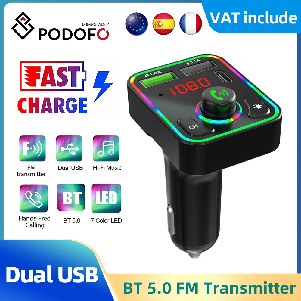 Podofo BT 5.0 Car Wireless FM Transmitter Adapter 2USB PD Charger AUX Hands-Free Fast Charger HIIF Car Kit