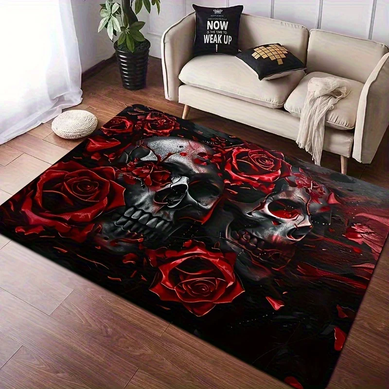 Blood‑Rose‑Skull Printed Rug, Gothic Decor for Entryway, Bedroom, Living‑Room & Indoor Home Use