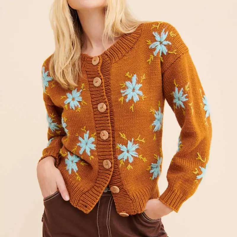 

Floral Cardigan Winter Orange Sweet Cute Cardigans Women Boho Style Long Sleeve Embroidery Buttons Knit Sweater for Women 2022