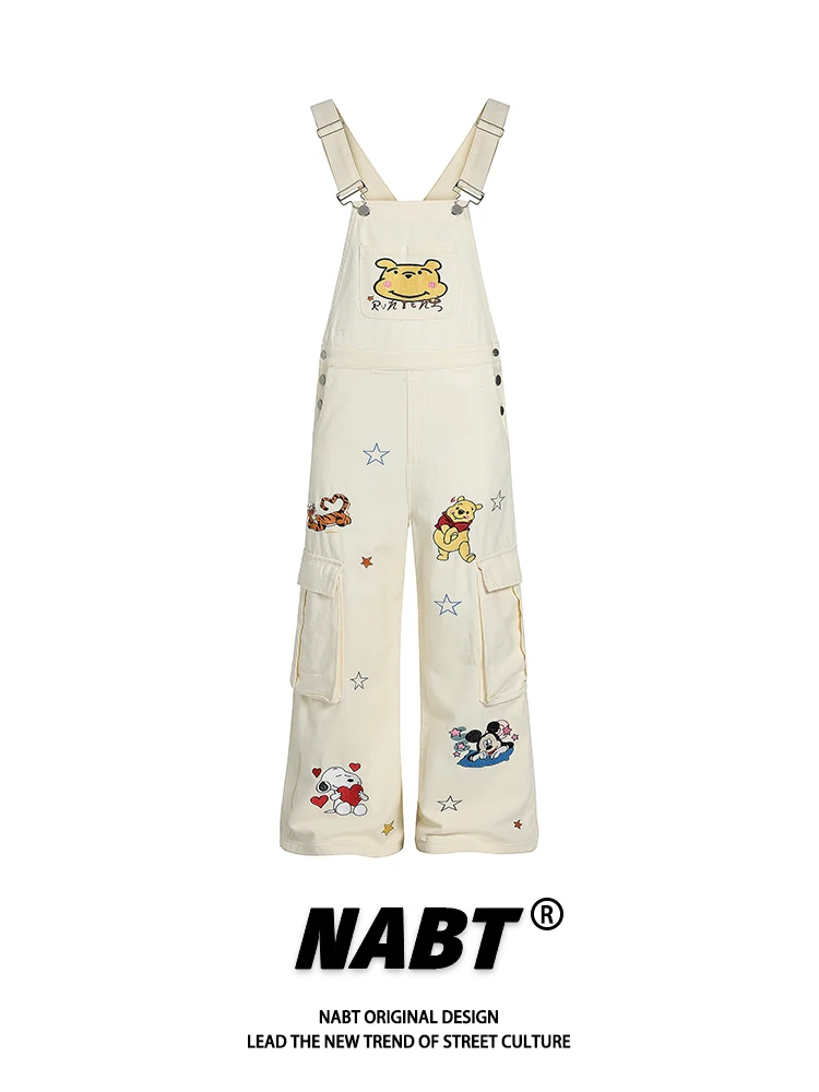 

NABT Original American Retro Bear Print Denim Overalls Women's Loose Slimming Long Pants High Waist Straight Leg Jumpsuit