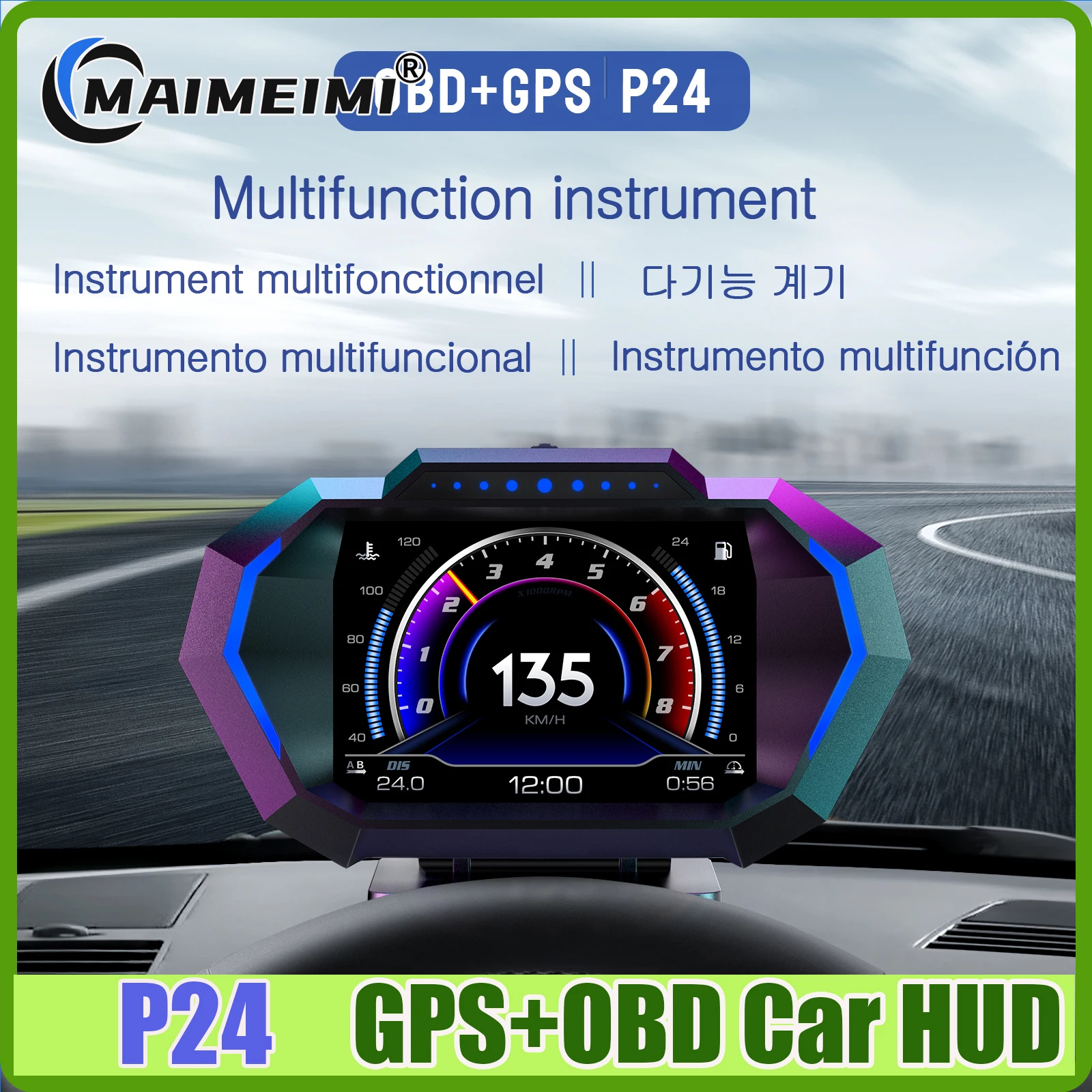 OBD + GPS HUD P24 Car OBD Head Up Display on Board Computer Digital Speedometer Water Temp Fuel Consumption Slope Meter