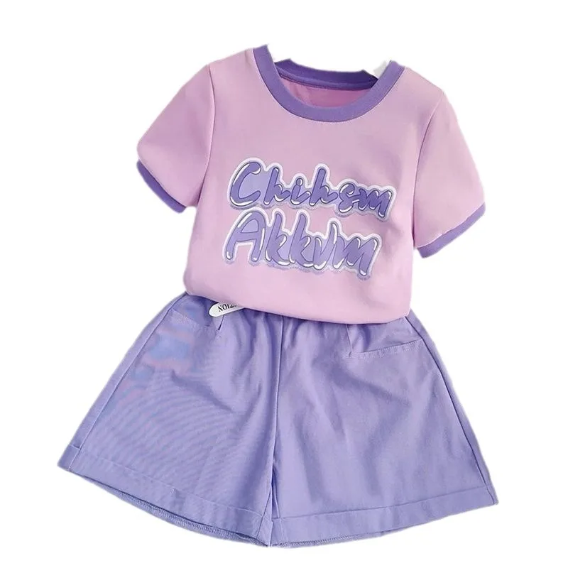 2026 NEW summer Teenager cargo Girls Cloth short sleeve striped letters T-Shirt + short hot skirt children set 4 5 8 10 12 year