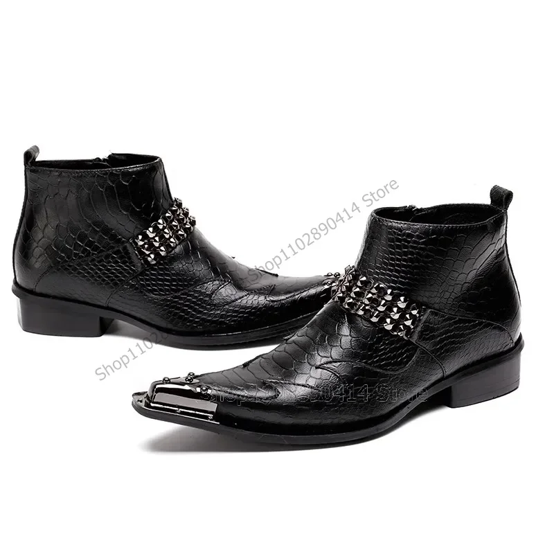 

Black Crocodile Print Rivets Decor Ankle Boots Fashion Side Zipper Men Boots Luxury Handmade Party Feast Office Men Dress Shoes