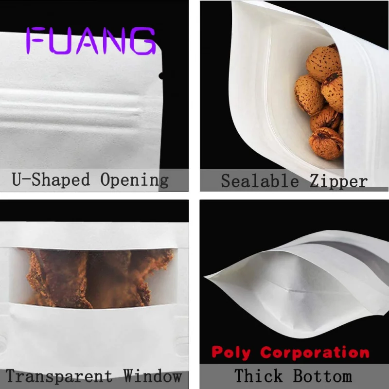 Custom  Resealable Packaging Paper Pouches White Reusable Sealable Zip Lock Food Storage Stand up kraft zipper bag for Home Busi