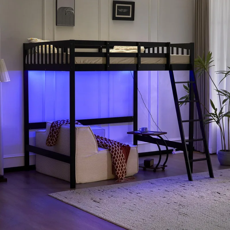Loft Bed Full Size with 15 inches Guardrail/USB Charging Station/LED, Solid Wood Double High Sleeper with Flat Rungs