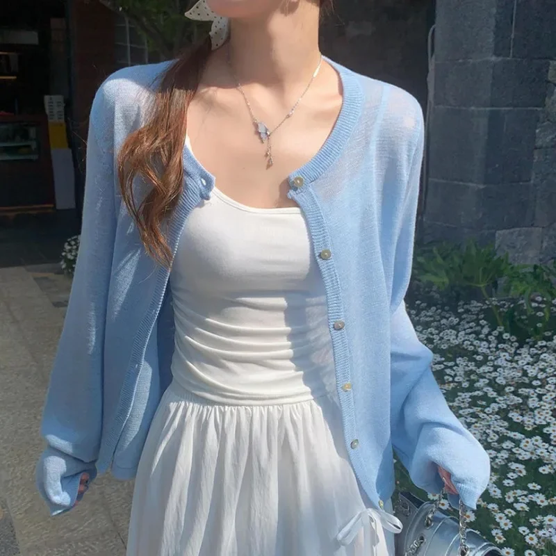 Korean Fashion Cardigan Women Summer Cropped Knitted Outwear Bow Embroidery Design Chic Sun-proof Ice-silk All-match Popular
