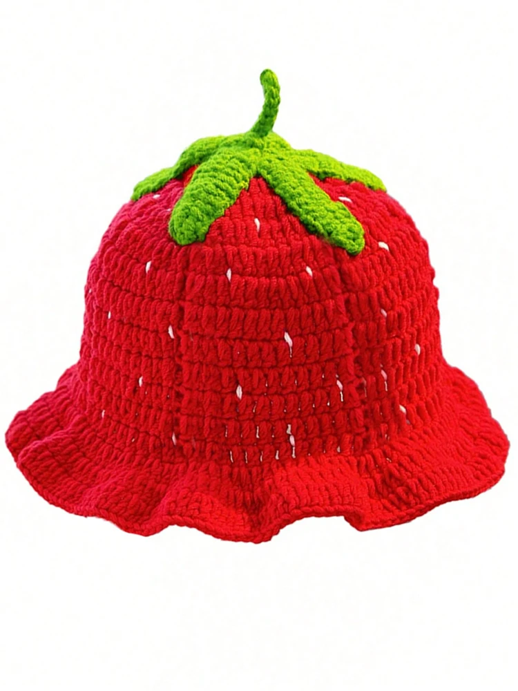 Damen-Fischerhut mit Cartoon-Motiv, rote Erdbeere, handgehäkelte, ausgehöhlte, gerüschte, niedliche gestrickte Fishie-Mütze im Bohemian-Stil