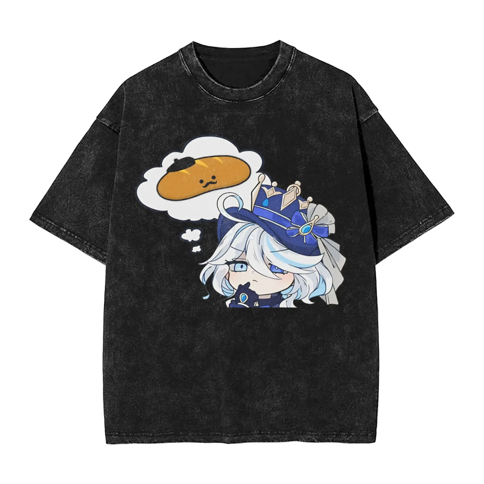Genshin Impact Chibi Furina T Shirt Hip Hop Washed Cotton Oversize T-Shirts  Vintage for Men Women Streetwear Summer Tops Tees