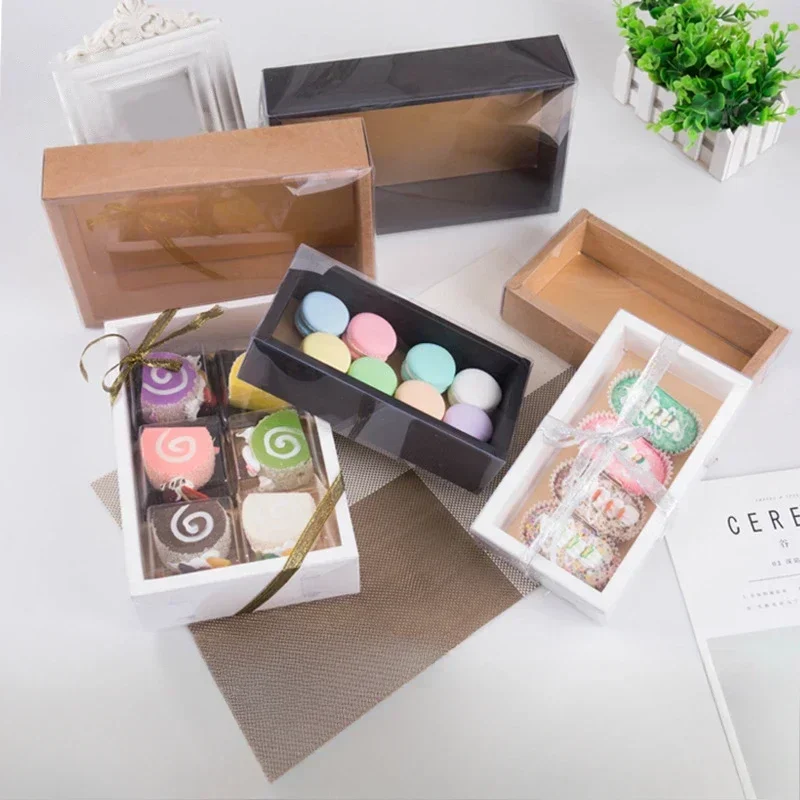 

10 шт., подарочная коробка из белой крафт-бумаги с прозрачным окном из ПВХ, черные коробки для торта, красные коробки для упаковки конфет для свадебного печенья