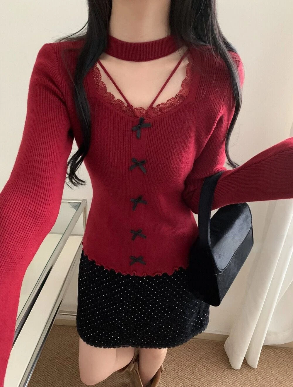 

Lace Splice Knitted Top Women's Slim Fit Base Layer irt Spring 2026 New Sle round Ne Long Sve Korean Sle Pure Color