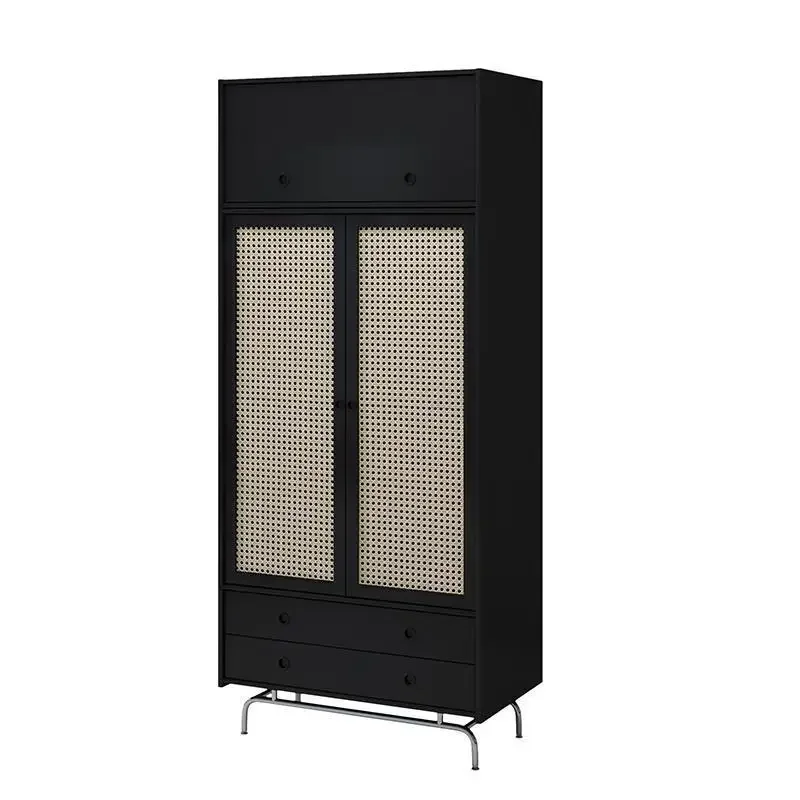 Medieval solid wood rattan vintage wardrobe small bedroom black wardrobe storage cabinet household opposite door locker.