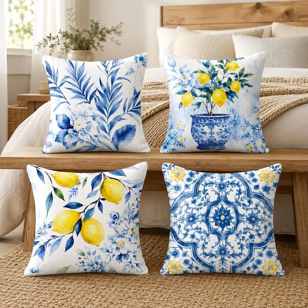 Blue Porcelain Lemon Print Cushion Cover Silky Short Plush Invisible Zipper Dustproof Sofa Pillow Case For Home Decor