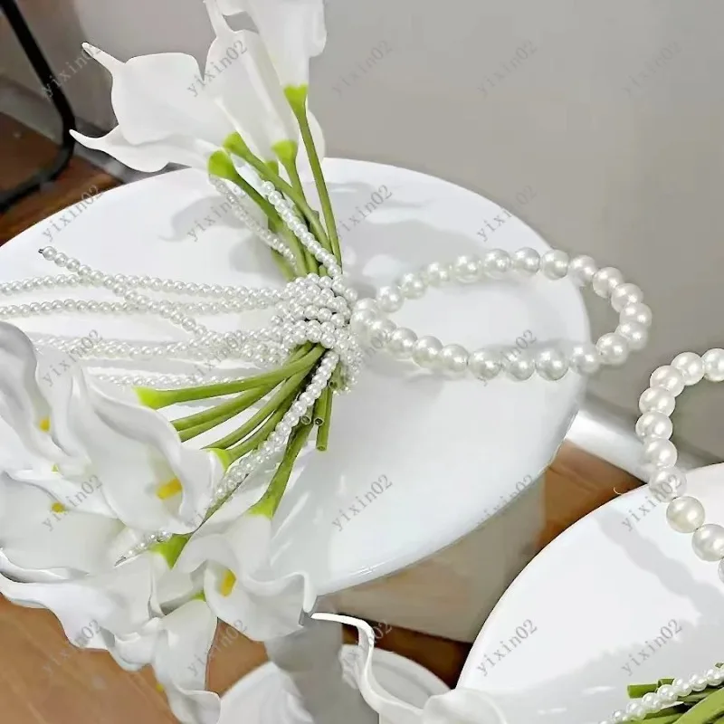 Elegant Calla Lily Bridal Bouquet, Pearl Decor Handheld Flower with Detachable Structure, DIY Wedding Party Ornament