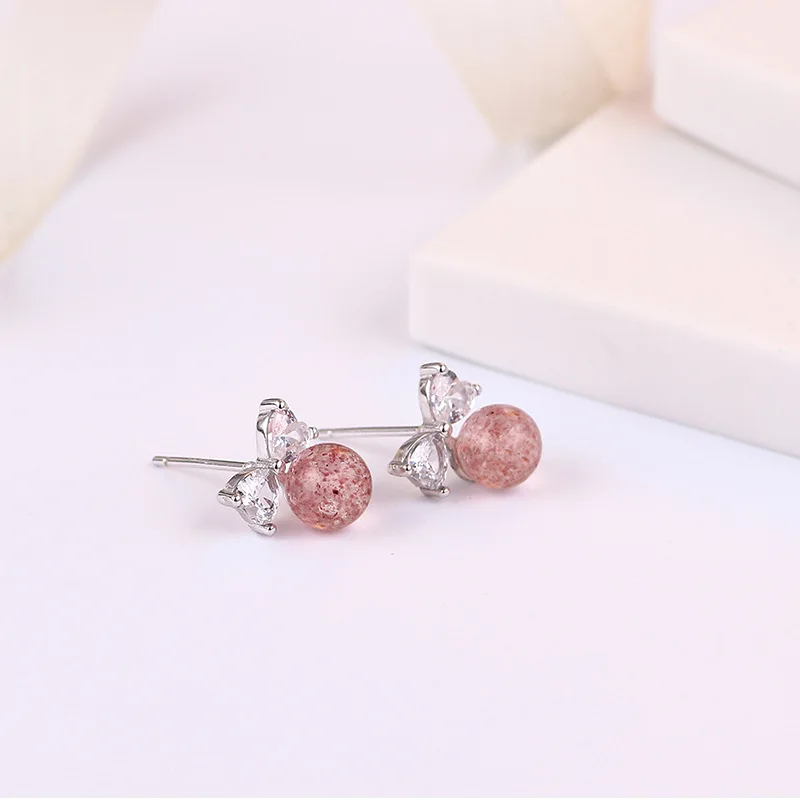 

S925 Sterling Silver Pink Strawberry Crystal Bow Zircon Earrings Sweet Girls Elegant Fashion Accessories Gift For Women