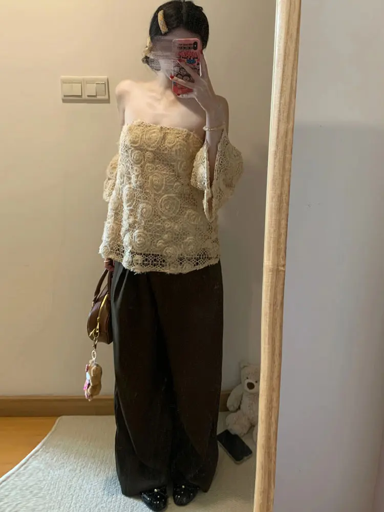 

Elegant Hook Embroidery One Shoulder Fashion T-Shirt Stylish Personality Backless Slim Fit Integrated Pad Summer New Arrival