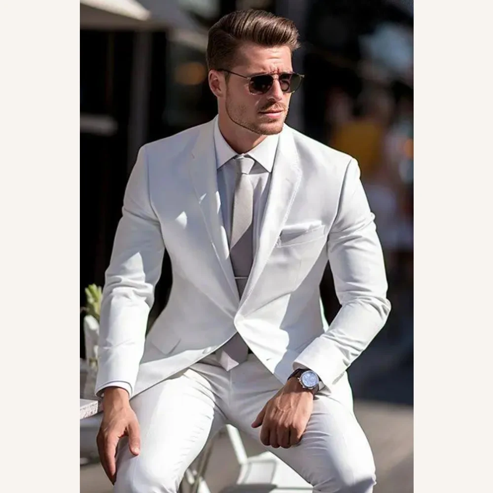 Elegant White Men Suits Slim Two Piece (Jacket+Pants) Chic Business Casual Office Clothing Fashion Wedding Groom Tuxedo