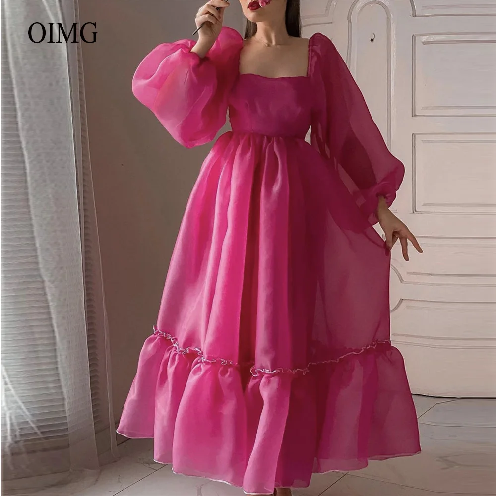 OIMG Simple A Line Organza Prom Dresses Puff Long Sleeves Square Neck Ankle Length Evening Gowns Formal Party Dress