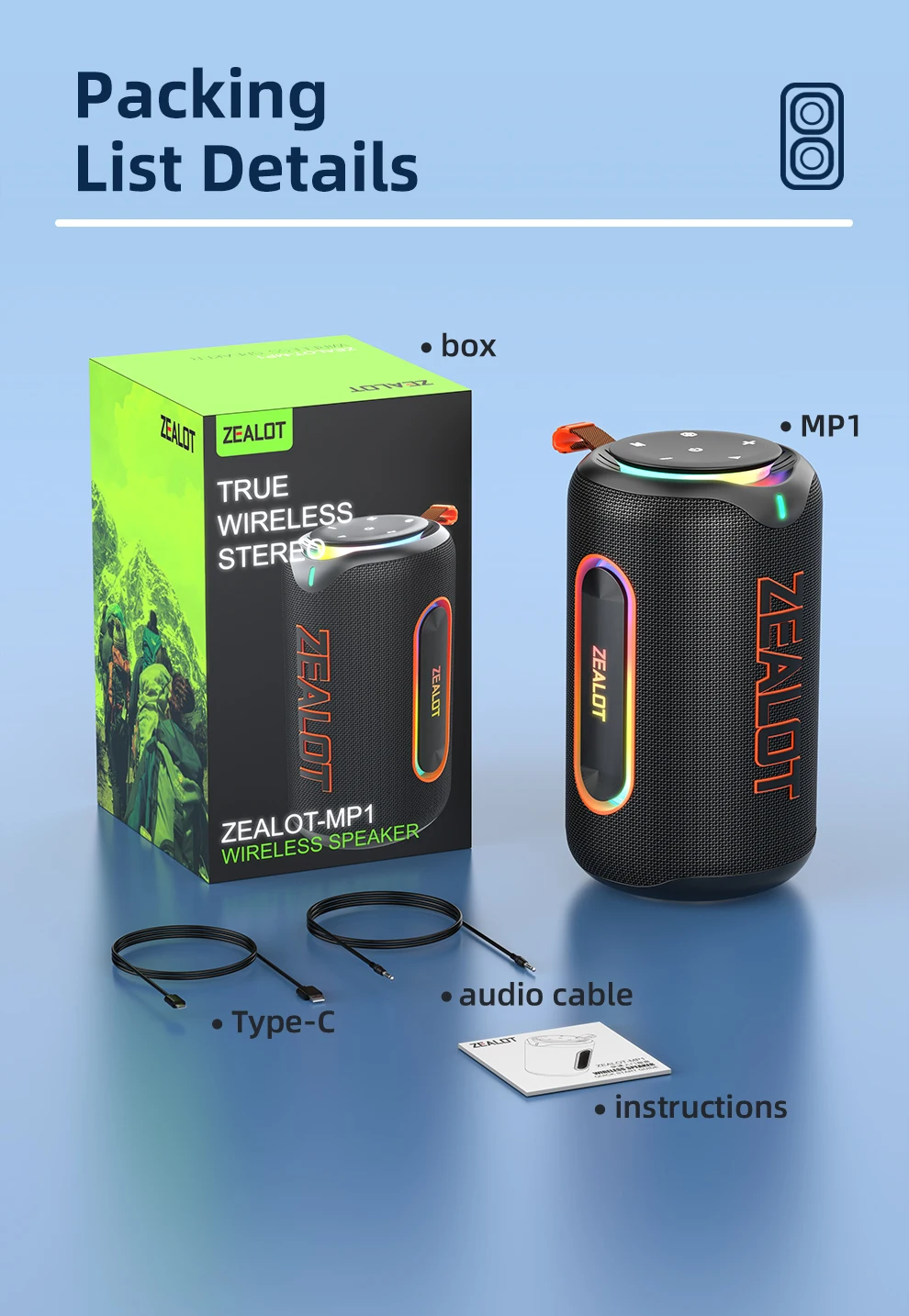 ZEALOT-MP1 Bluetooth-Lautsprecher für den Außenbereich, 60 W Ausgangsleistung, Bluetooth 5.3-Lautsprecher, Stereo-Sound, IPX6 wasserdicht, Micro-SD-Karte, RGB-Licht – Detail 12