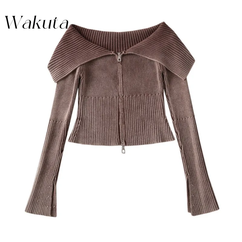 WAKUTA Fall Elegant Old Vintage Washed Zipper Knit Jumper Feminine Spicy Girl One-shoulder Lapel Long-sleeved Blouse Cropped Top