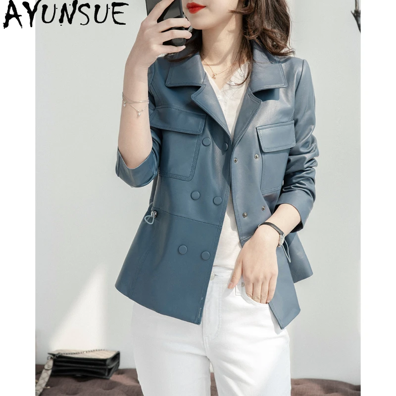 

AYUNSUE Genuine Sheepskin Leather Jacket Women Elegant Waist Drawstring Real Leather Coat Suit Collar Jaqueta Couro Feminina