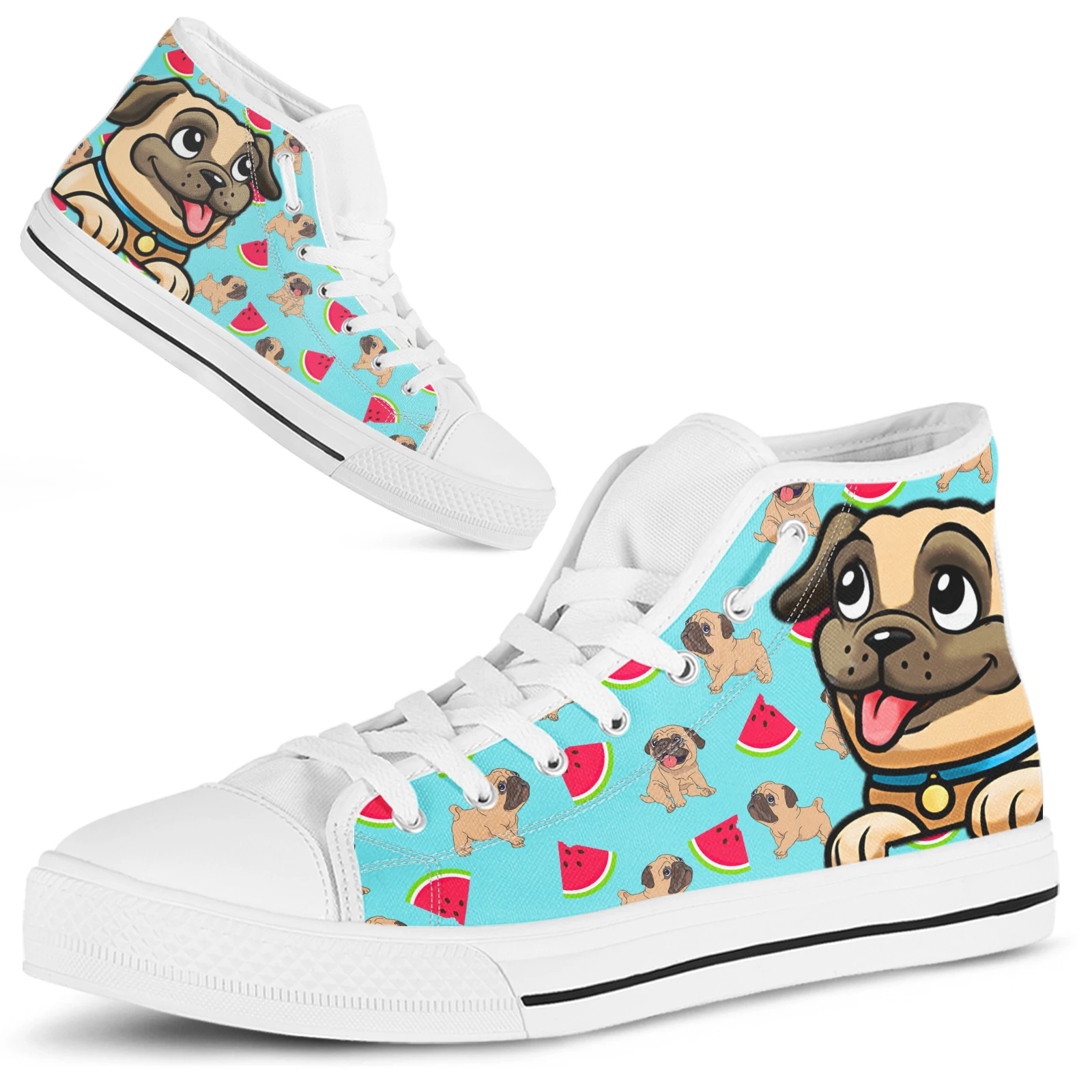 ELVISWORDS Funny Cartoon Pug Designer Shoes Comfortable Lace Up High Top Women's Shoes Cartoon Fruit Print Shoes White Shoes