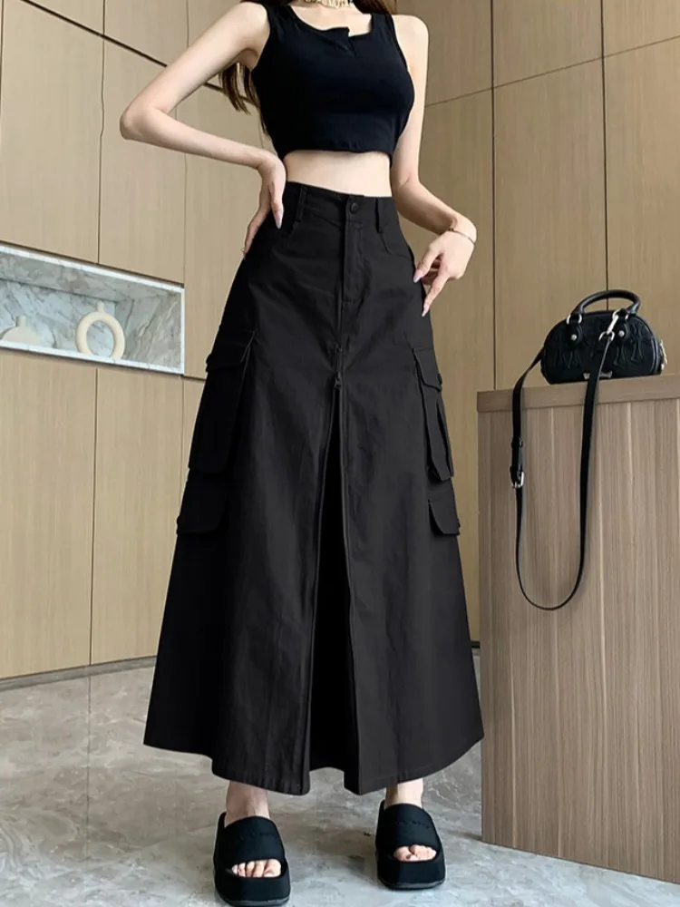 Women\'s Green Denim Cargo Skirt Y2k Elegant Streetwear A-Line Long Skirt Harajuku Korean Vintage 90s High Waist Skirts Clothes