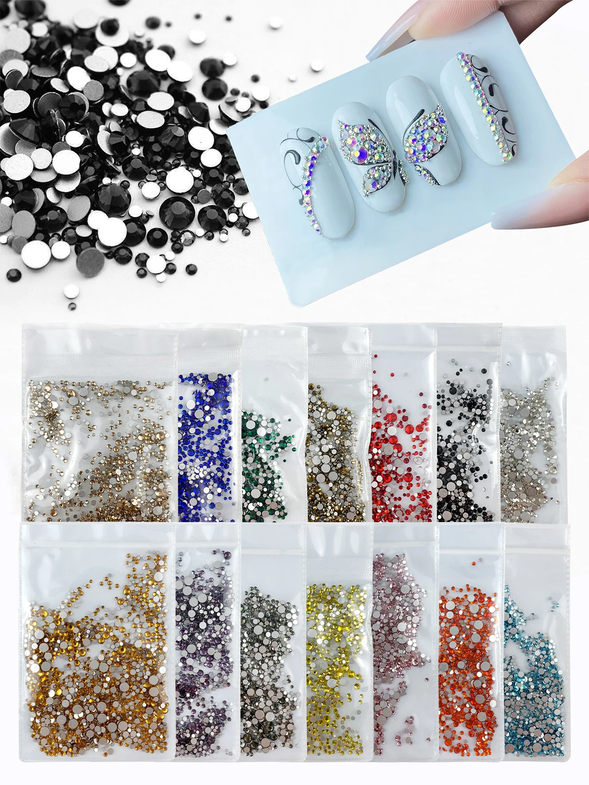 1440Pcs Mix Size Glass Flatback Rhinestone Glitter Round Crystal AB Stones Black Glue On Rhinestone for DIY Nail Art Decoration