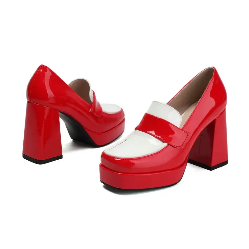 Red White Contrast Color Square Toe Block High Heels Women Pumps Office Mature Spring Luxury Shoes Platform Slip-on Chunky Heels