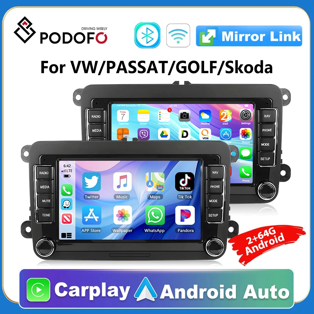 Podofo android 2 din radio carplay gps auto stereo radio 7 ''touchscreen auto player für vw passat golfs itz leon ab altea ab