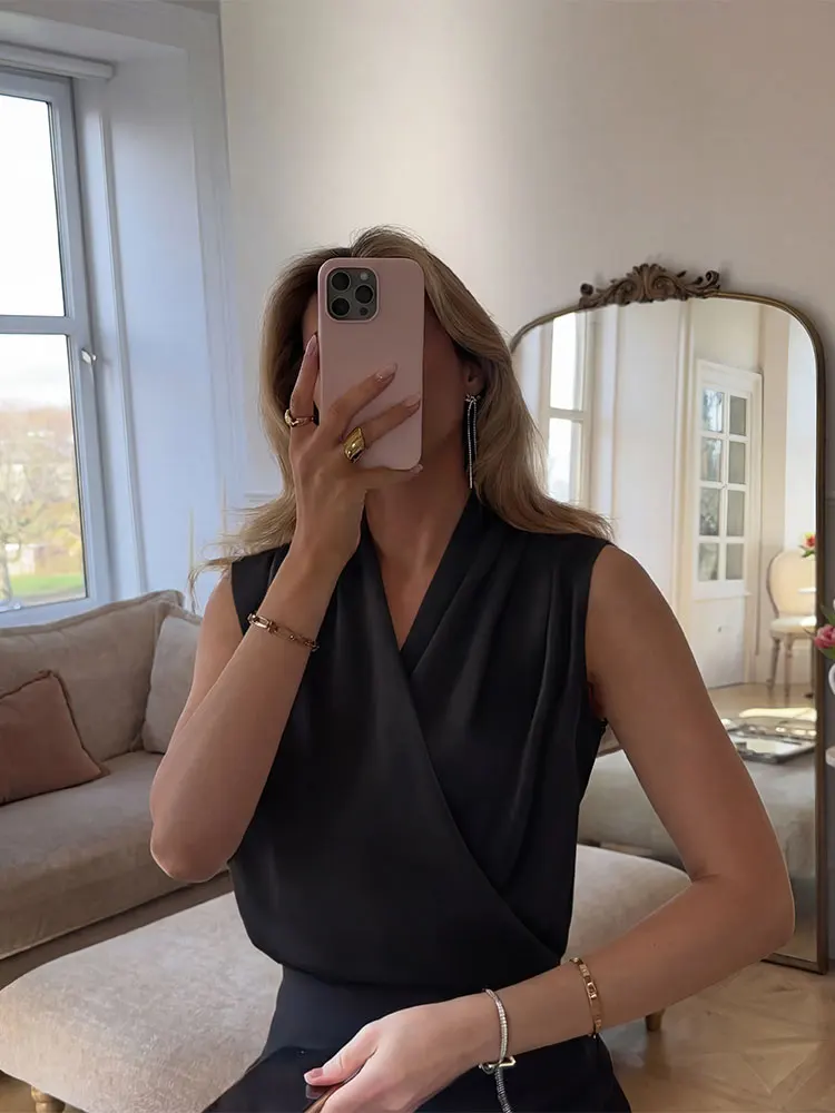 HH Women Elegant White Sleeveless Wrap Blouse V Neck Silky Satin Top Casual Office Work Shirt For Spring Summer Daily Wear