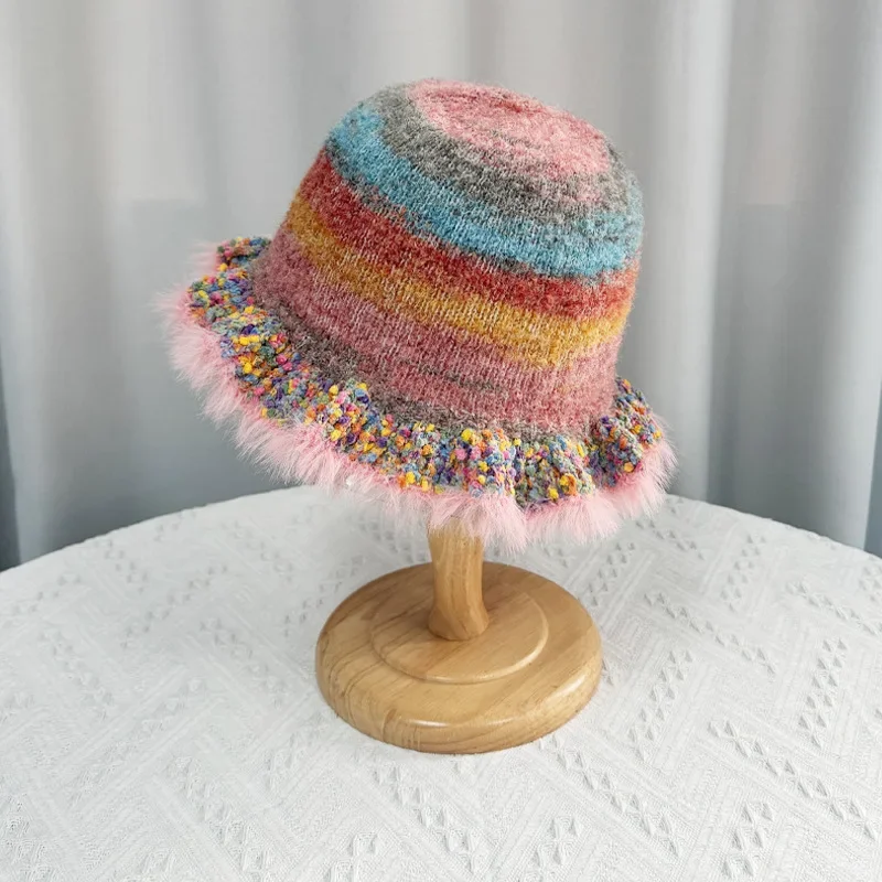 Gorro de pescador Retro de arcoíris para mujer, gorro de punto con protección para los oídos, cálido y grueso, para otoño e invierno, venta al por mayor