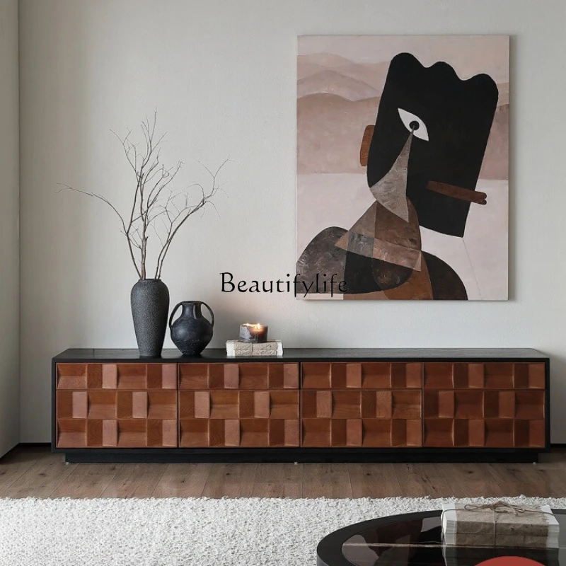 

Medieval solid wood TV cabinet black French retro floor-to-ceiling living room home floor cabinet