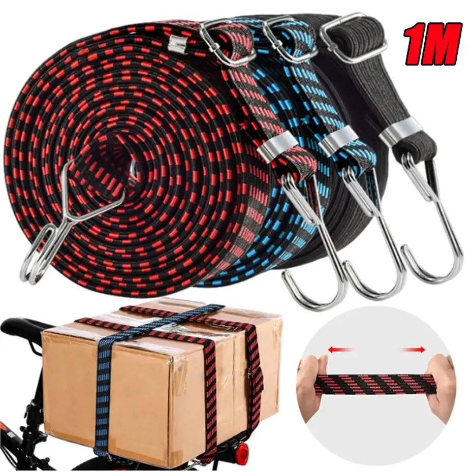 Heavy‑Duty Hooked Bungee Cord 1M Adjustable Flat Rubber Elastic Stretch Tie Down Straps Tough Luggage Motorcycle Fastening Rope