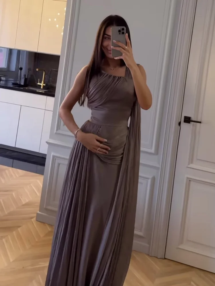 

2025 Elegant Sleeveless Pleated Patchwork Evening Long Dress Fashion Satin Maxi Dress For Women Female Vacation Party Robe