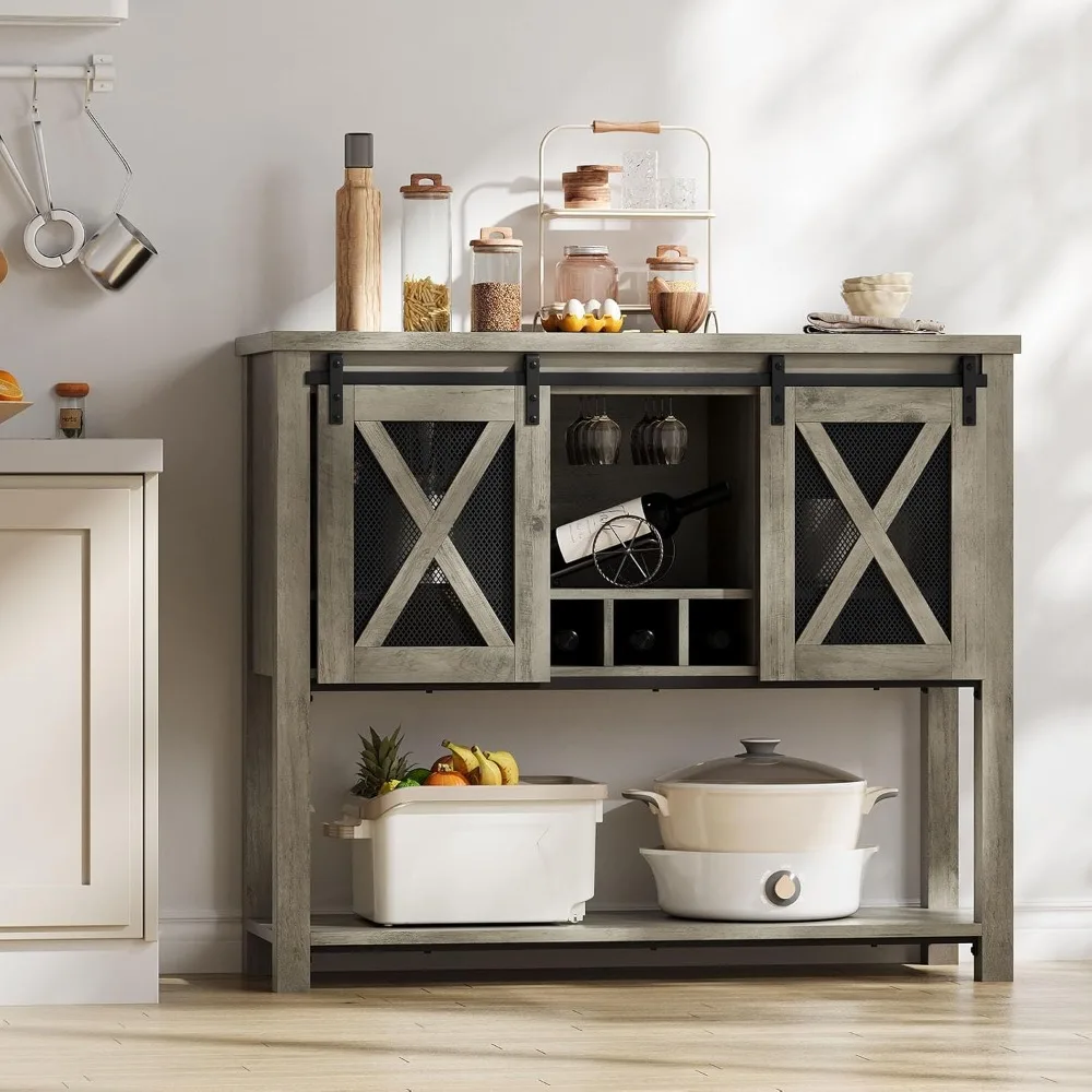 

Wine Bar Cabinet with Sliding Barn Door, Coffee Cabinet with Wine Rack and Glass Holder, Kitchen Buffet Sideboard with Storage,