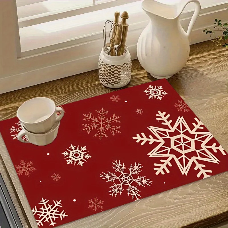 Red Background White Snowflake Christmas Drying Mat Minimalist Winter Snow  Super Absorbent Pad For Kitchen Counter Coffee Bar
