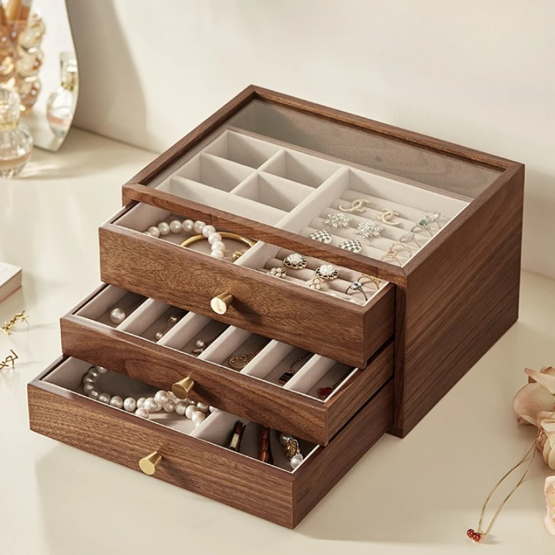 

Walnut Wood Jewelry Box Luxury Retro Ring Storage Boxes Transparent Glass Necklace Bracelet Display Case Jewellery Organizer