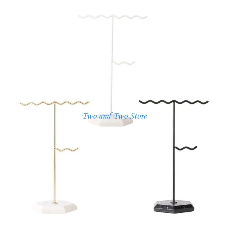 

HX6F Space Saving Jewelry Organiser Metal Construction Marble Inspired Base Removable Earring Storage Waved Pattern Necklace